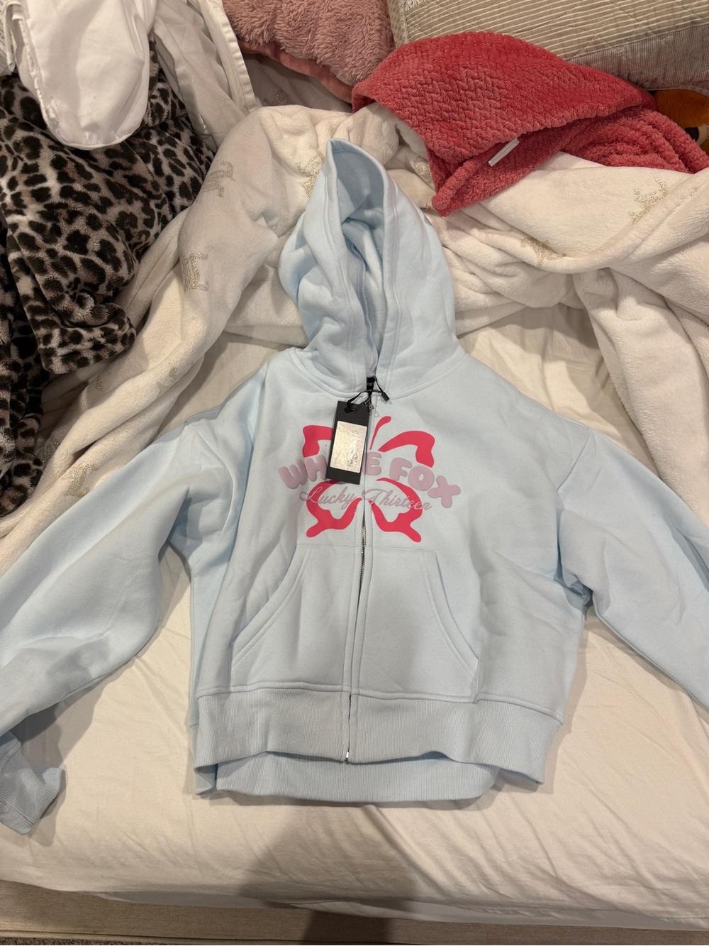 white fox light blue cropped hoodie